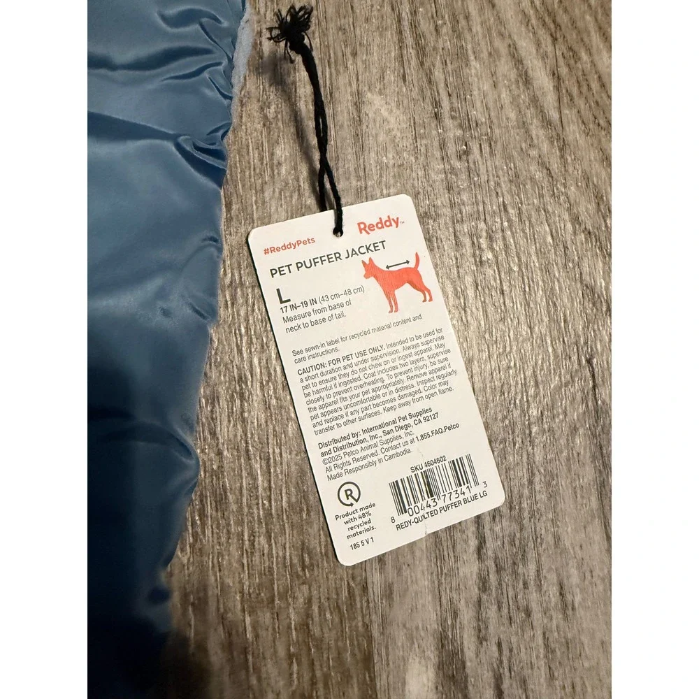 Reddy Blue Quilted Pet Puffer Jacket Water-Resistant Dog Coat Large NWT